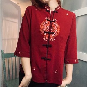 Kimono style embroidered flowers crimson